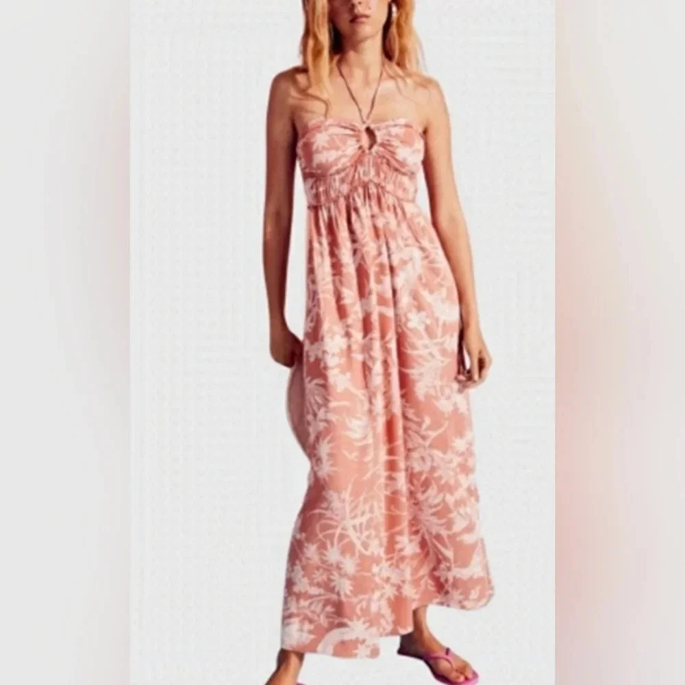 H&M floral cottagecore smocked tie detail halter apricot tropical maxi large - Picture 3 of 12